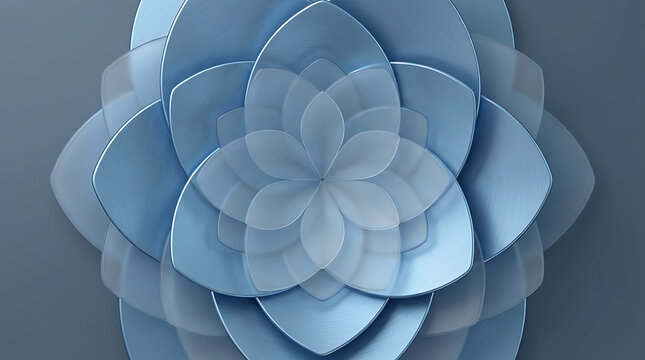 Geometric floral pattern in light blue hues with layered petals creating a symmetrical design, abstract art
