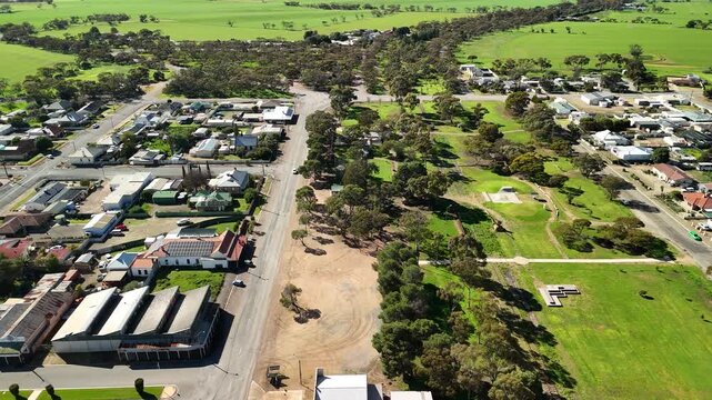 Bute, South Australia &ndash; 4K aerial drone view of rural township, Yorke Peninsula farmland, agricultural landscape, residential houses, grain silos, country roads, Australian countryside.