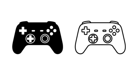 Modern black and white game controller vector icons, minimalist gaming console gamepad symbols, digital entertainment technology illustrations for web and app design. © Rumana