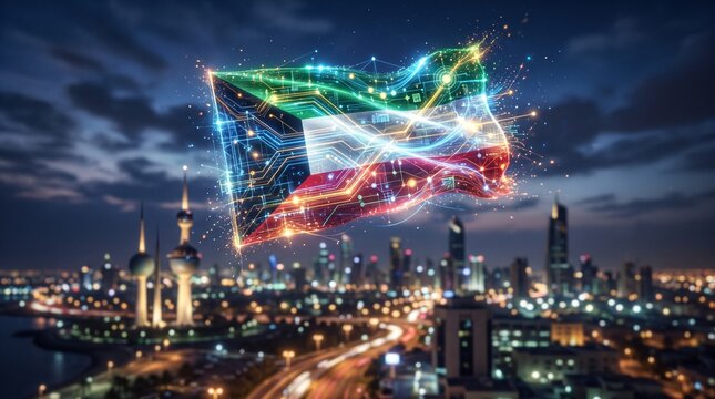 Kuwaiti digital flag glowing above illuminated cityscape, futuristic network lines, innovation, tradition fused with technology, urban progress, connectivity, and national pride in modern transformati