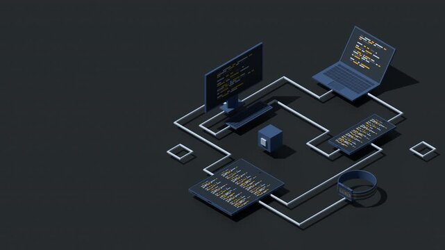 3D isometric transfer data between different devices animation. Synchronizing data between laptop, smartphone, tablet, and PC. Isometric technology. 4K video animated in isometric style