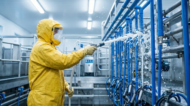 Sanitation worker spraying disinfectant foam onto industrial blue pipes in food processing factory, industrial hygiene and safety compliance concept
