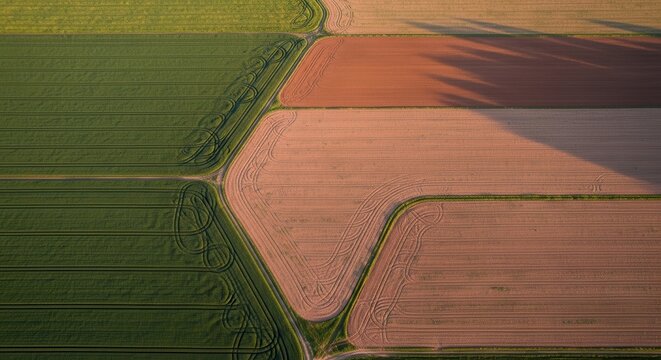 Colorful agricultural fields with geometric patterns. Aerial view of vibrant farmland and crop layouts.