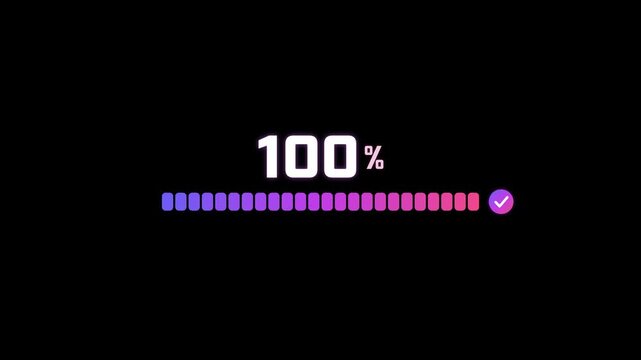 Segmented loading progress bar filling zero to one hundred percent in violet magenta gradient on black background 4K luma key overlay