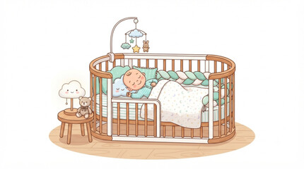 Cute baby sleeping in wooden crib with mobile toy and nightstand