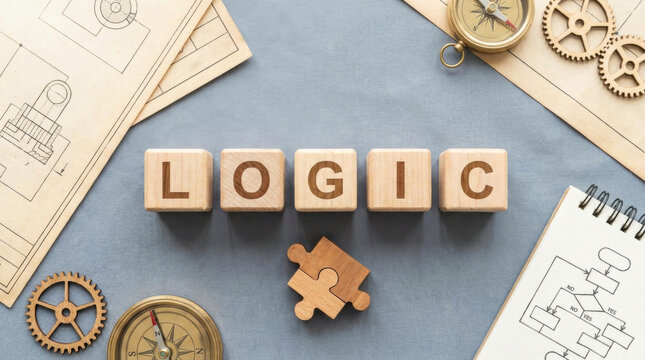 Wooden blocks spelling logic next to a puzzle piece, compass, gears, and a flowchart representing problem solving, analytical thinking, and strategic planning.