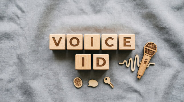 Wooden blocks spelling voice id next to a wooden microphone and biometric icons representing voice recognition technology and audio security authentication.