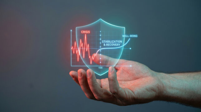 Man holding a glowing digital graph hologram showing crisis and recovery on a shield representing business stabilization, risk management, and economic resilience.