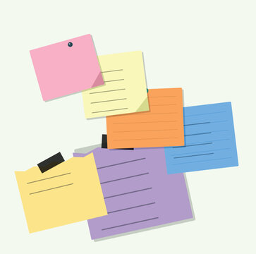 Assortment of colorful sticky notes with lines attached by pins and tape in a collage