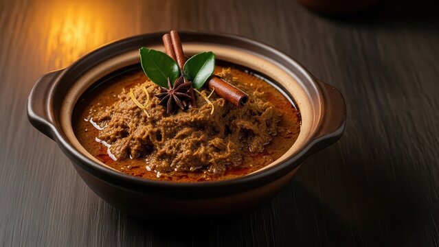 Rich Indonesian Beef Rendang Served in Earthenware Bowl