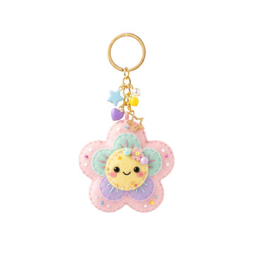 Pastel flower keychain isolated on white. Cute floral bag charm with kawaii aesthetic design.