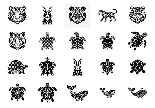 Set of Black and White Animal Silhouettes: Tigers, Turtles, Rabbits, Whales