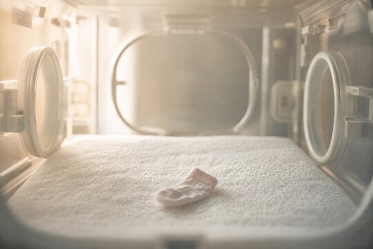 A tiny baby sock on a soft blanket inside an empty incubator.