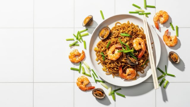Kway Teow Noodles with Shrimp and Cockles in a Wok