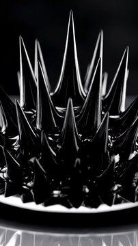 ferrofluid spikes forming complex patterns, close up abstract macro shot, science experiment, chaotic and organized, liquid metal, magnetic fluid