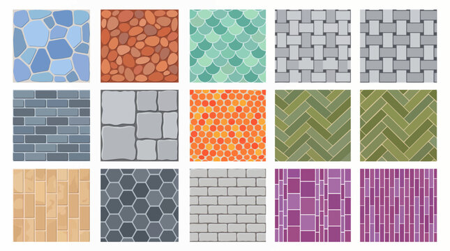Collection of colorful paving stone patterns and floor tile textures including brick herringbone and hexagonal shapes, provides architectural surface options and covering landscape design