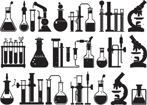 Black and white of laboratory glassware and equipment beakers