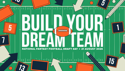 Fototapeta premium Creative fantasy football draft day graphic featuring a green field