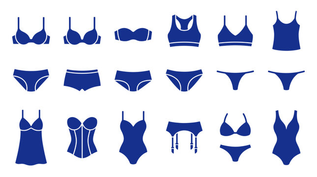 Flat vector icons set showing various types of blue women's lingerie and intimate apparel isolated on white background, Focused on ecommerce website interfaces or clothing boutique branding
