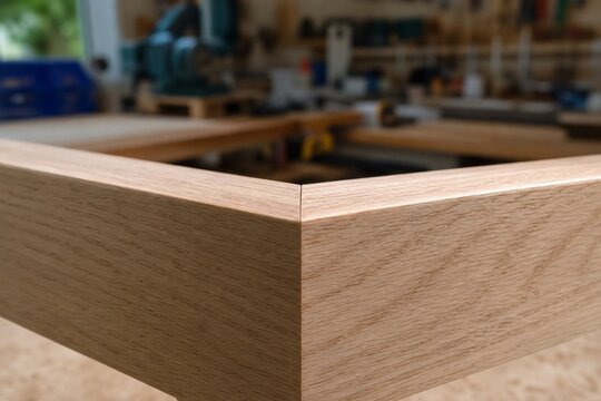 Close-up of wood miter joint in workshop with natural light.