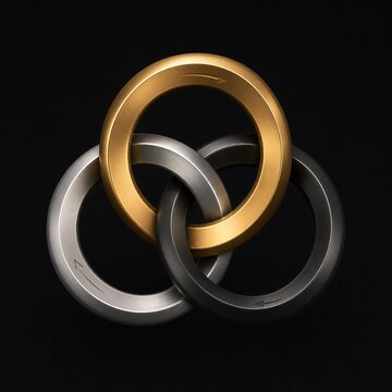 Three interlocking, continuously rotating rings on a dark background, symbolizing perpetual motion.