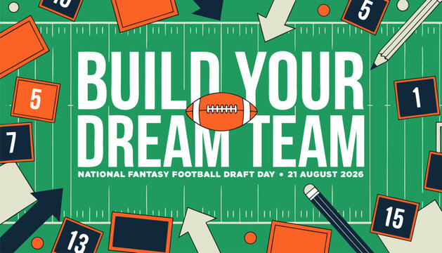 Creative fantasy football draft day graphic featuring a green field