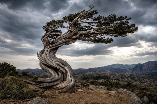An old tree with a spirally twisted trunk against a cloudy sky in dramatic light.