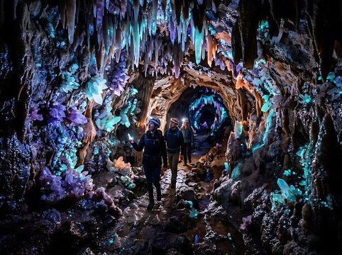 Group of Explorers Trekking Through a Mystical Underground Crystal Cave Illuminated by Glowing Bioluminescent Mineral Formations