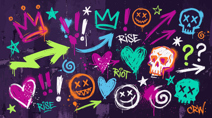 Obraz premium Neon graffiti street art symbols with skulls hearts and crowns spray painted on dark textured wall background, symbolizing urban rebellion and representing creative youth culture background