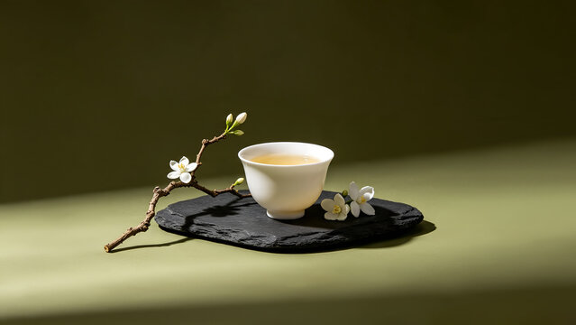 Traditional white ceramic teacup with hot green tea on black slate coaster decorated with jasmine flowers over minimalist sage green background.