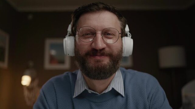 Man wearing headphones looking at camera smiling and subtly showing thumbs up. Close-up