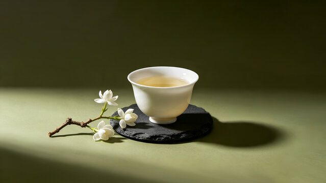 Traditional white ceramic teacup with hot green tea on black slate coaster decorated with jasmine flowers over minimalist sage green background.
