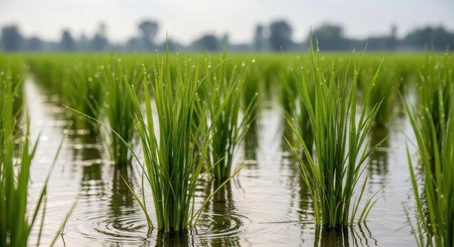 Young farmer planting rice seedlings in flooded paddy fields. Agricultural worker tending to crops in rural landscape.