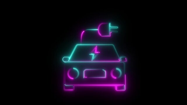 Electric Vehicle EV Charging Neon Line Icon Concept on Dark Background.