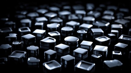 Fototapeta premium Abstract black glossy 3D cubes on dark reflective surface.