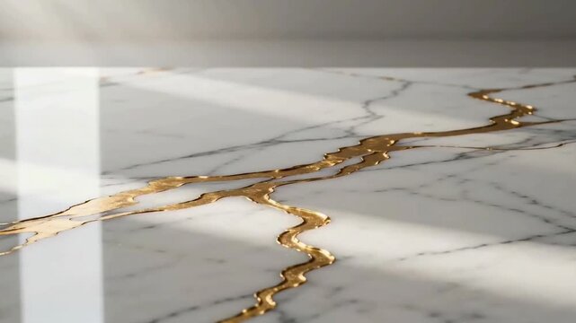 Premium white marble slab with elegant gold kintsugi inlay veins reflecting soft natural light in a bright minimalist room with a luxury aesthetic.