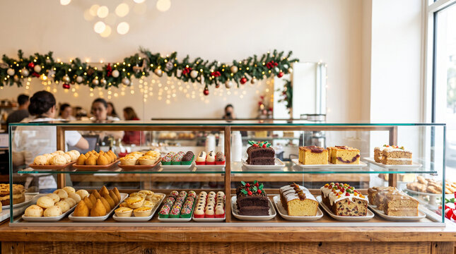Bakery display case filled with festive holiday treats and cakes