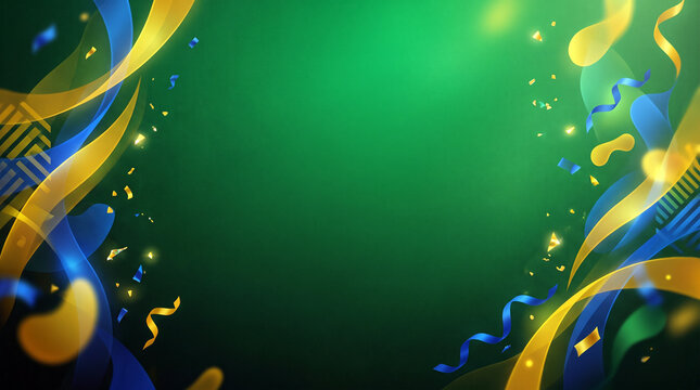 Green background with blue and yellow abstract ribbons and confetti