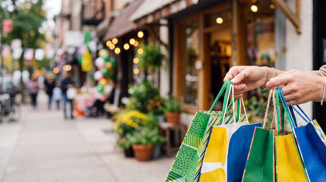 Woman holding shopping bags on a street with shops and people in the background
