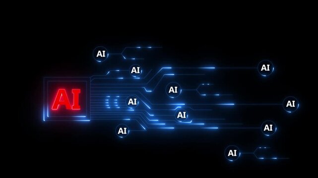 Futuristic Artificial Intelligence Network with Glowing Circuit Lines and Digital Data Flow on Black Technology Background.