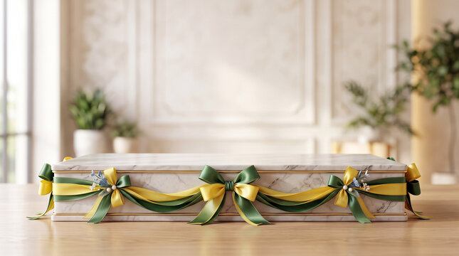 Marble podium with green and yellow ribbons and bows for product display