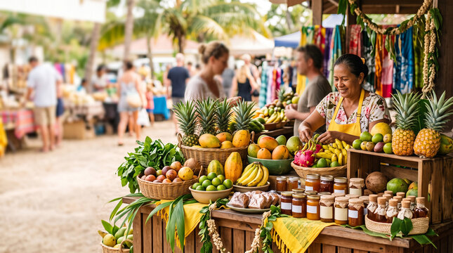 Tropical Fruit Market Stall with Vendor and Shoppers