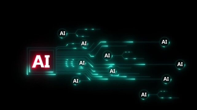 Futuristic Artificial Intelligence Network with Glowing Circuit Lines and Digital Data Flow on Black Technology Background.