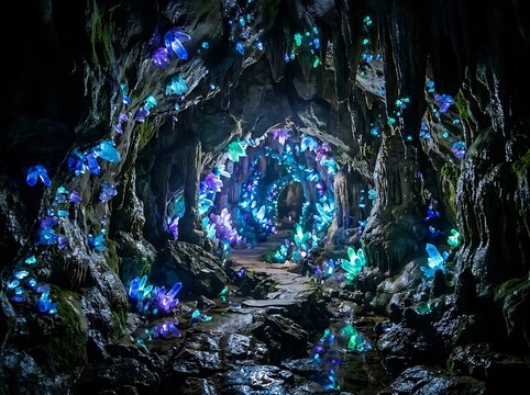 Luminous Crystal Cave Pathway Featuring Glowing Blue and Purple Gemstones in an Underground Cavernous Environment