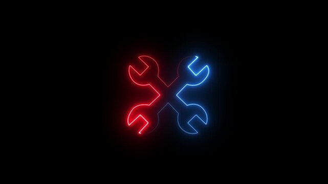 Neon Crossed Wrench Icon Glowing on Black Background Technology Repair Service Concept.