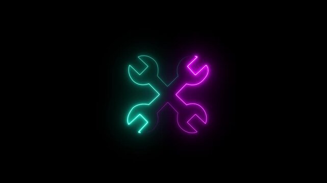 Neon Crossed Wrench Icon Glowing on Black Background Technology Repair Service Concept.