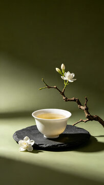 Minimalist jasmine green tea in white ceramic cup vertical composition perfect for mobile wellness application and social media marketing stories.