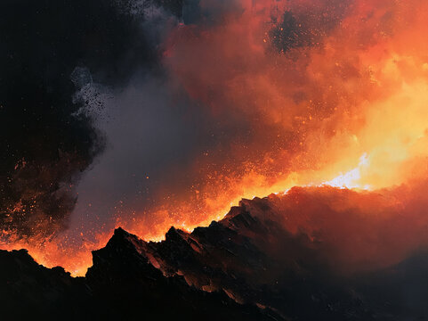 Dramatic Orange Smoke Clouds Rolling over Black Mountain Peaks in Evening Sky