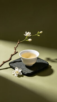 Minimalist jasmine green tea in white ceramic cup vertical composition perfect for mobile wellness application and social media marketing stories.