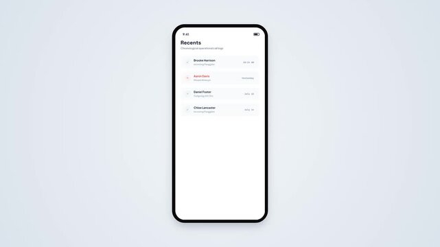 Mobile Phone Screen Displaying Recents Chronological Call Logs List History Menu Interface Animation